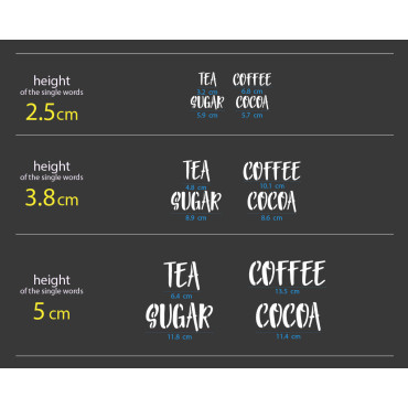 Stencil Tea Sugar Coffee Cocoa (Tè, Zucchero, Caffè, Cacao) per barattoli o parete. Design n.3
