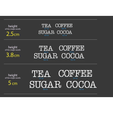 Stencil Tea Sugar Coffee Cocoa (Tè, Zucchero, Caffè, Cacao) per barattoli o parete. Design n.5