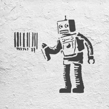 Robot stencil n.1 - Street Art stencil for painting. Barcode graffiti stencil.